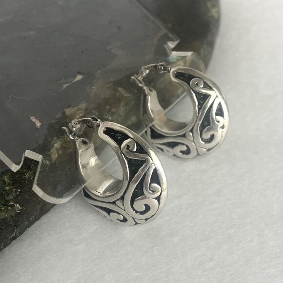 Sterling Silver 925 1" Scrollwork Bali Style Chunky Hoop Earrings Hinged Post - Picture 13 of 16